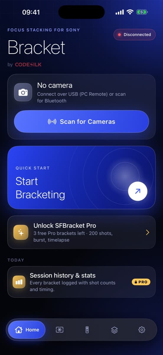 SFBracket home screen with camera scan and start bracketing buttons